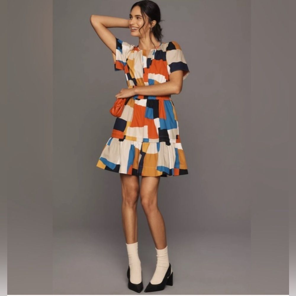 Anthropologie Somerset Mini Dress Novelty Square Print Like New Size Medium